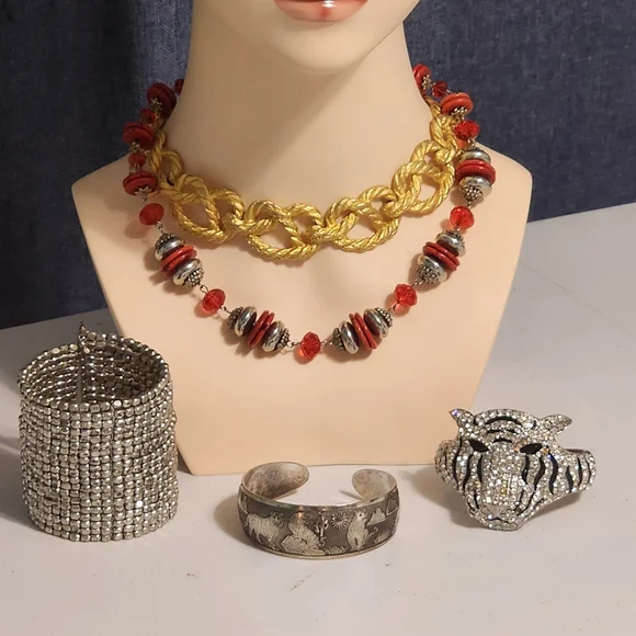 Bold Gold Chunky Knot Red Silver Tone Necklace Tiger Rhinestone Bracelets Huge - Picture 12 of 16